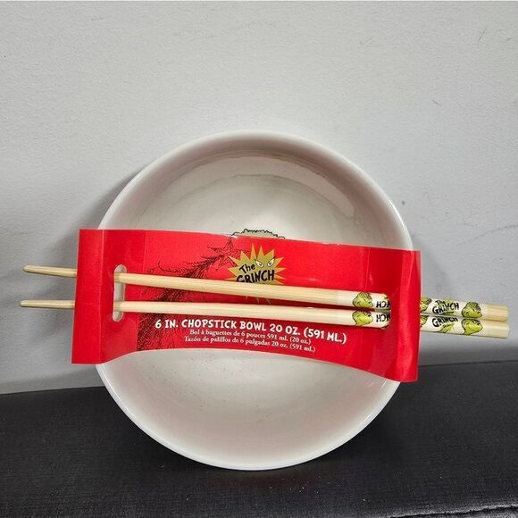 Nwt Ceramic Christmas Whoville Grinch Ramen Bowl & Chopsticks - Picture 5 of 8